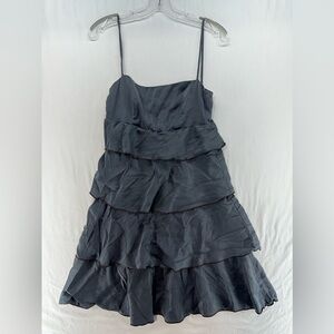 Michelle Jonas Gray 100% Silk Tiered Dress Brown Trim Size Small Petite